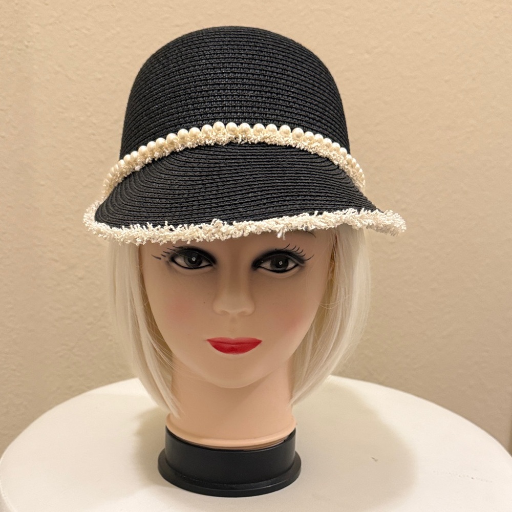 #211. Rachel Zoe Black Hat with Pearl Trim